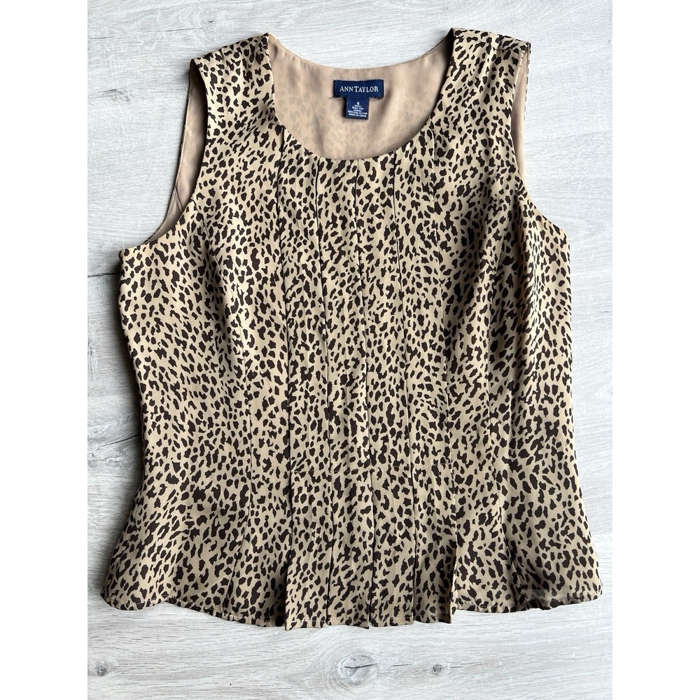Ann Taylor Vintage 100% Silk Brown Animal Print Pintuck Sleeveless Tank Size 6